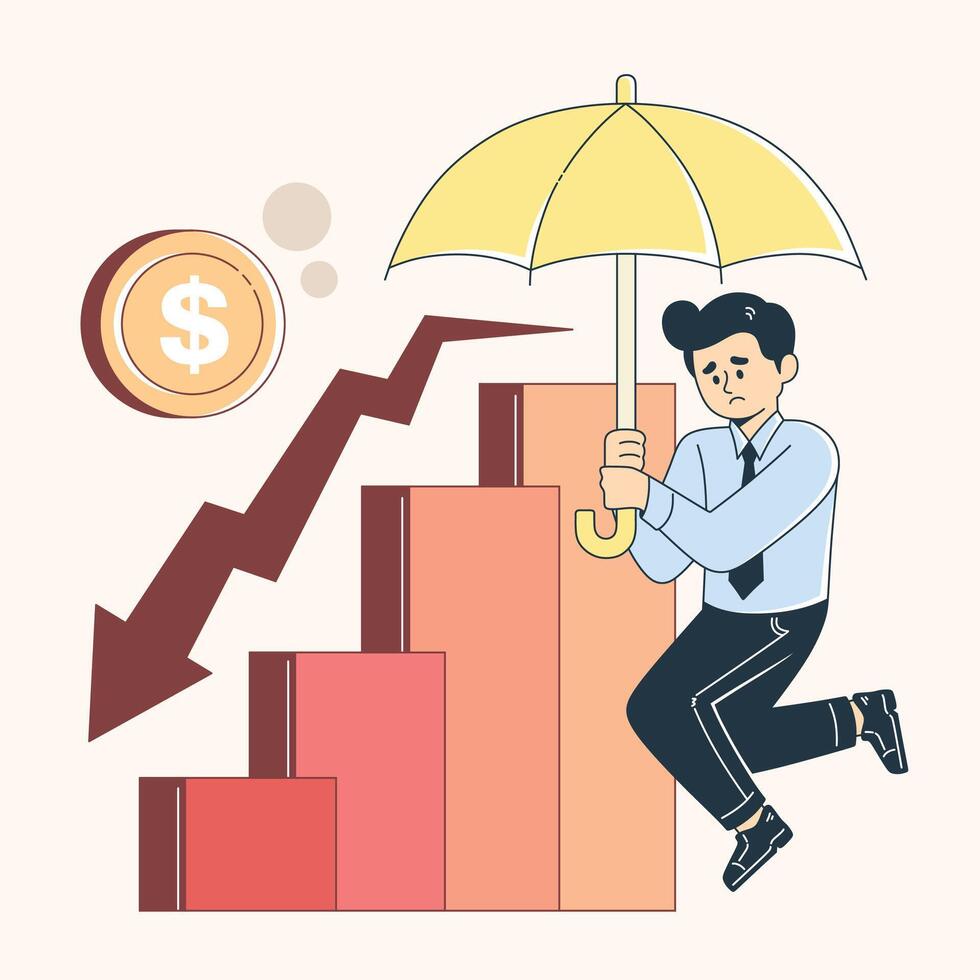 An office worker parachuting with an umbrella alongside a declining financial graph. Concept of economic instability, investment risks, and workplace challenges. suitable for financial materials. vector