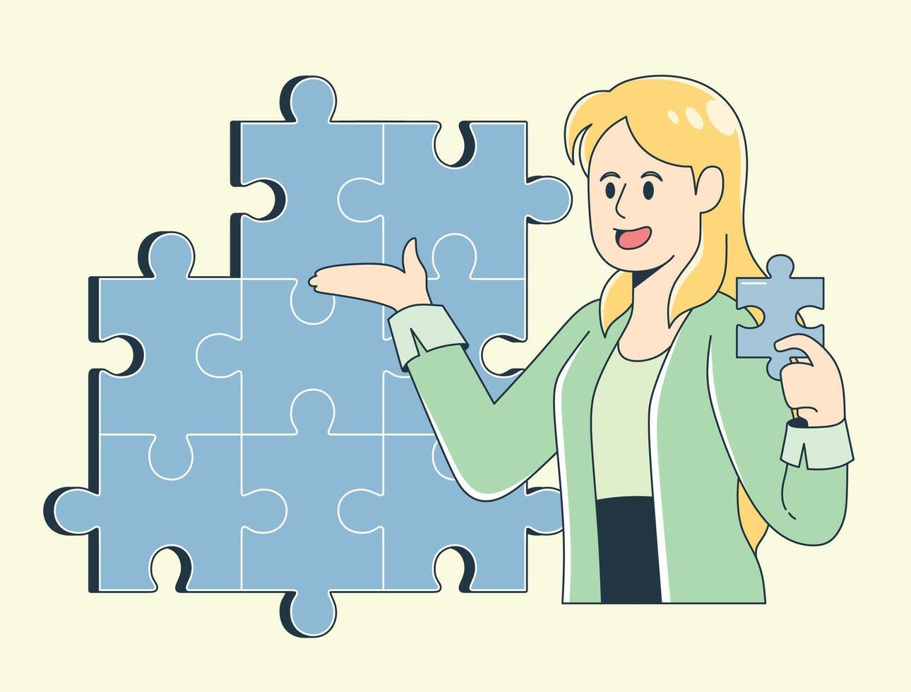 Confident female assistant presenting a creative idea represented by a puzzle. She is holding the final puzzle piece with optimism, symbolizing innovation, problem solving, and brainstorming concepts. vector