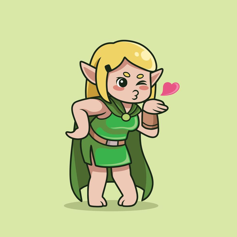 Adorable elf fairy blowing a kiss goodbye. Ideal for cute sticker packs, love-themed mascots, or farewell messages. vector