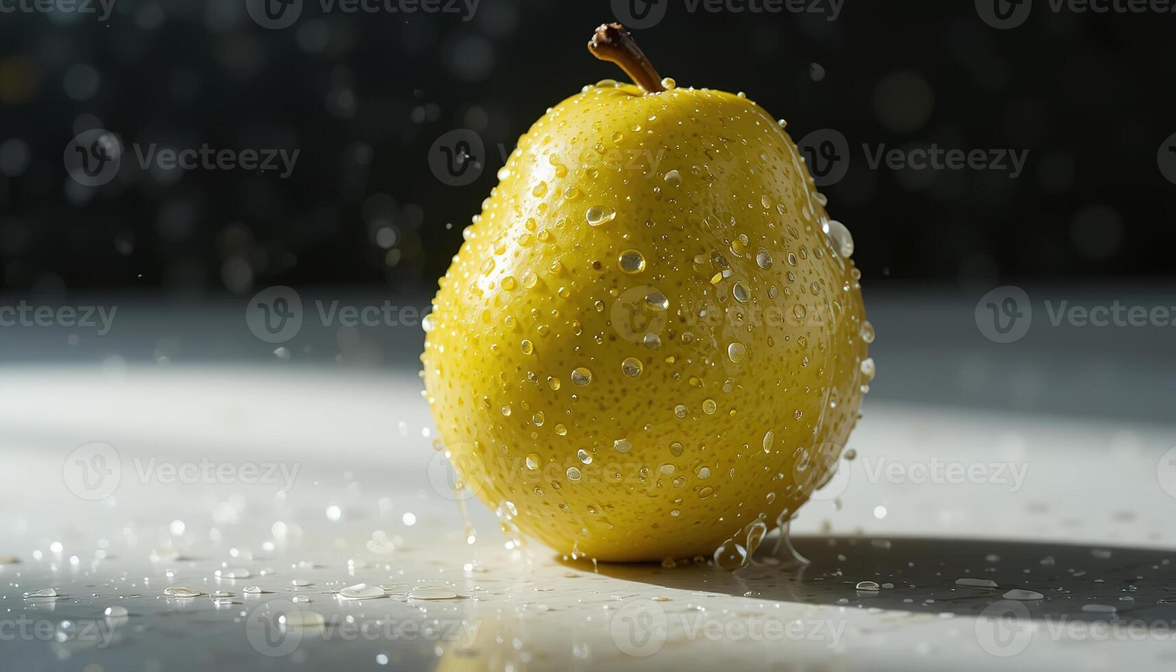photo of fresh yellow pear. cherry placed on white surface. There are glistening droplets of water on pear and background. lighting is dramatic.