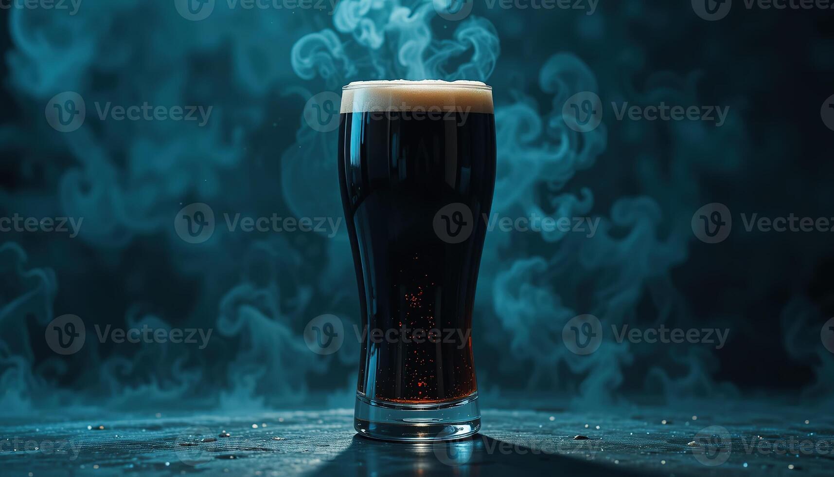 striking, moody photo of premium dark beer in glass against a saturated dark turquoise background. Rich textures and dramatic lighting highlight the beer depth, quality, luxury beverage branding