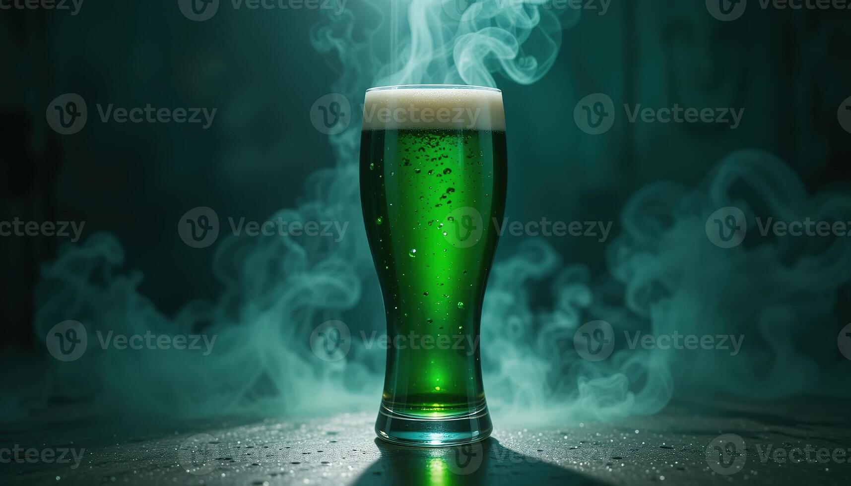 striking, moody photo of premium green beer in glass against a saturated dark turquoise background. Rich textures and dramatic lighting highlight beer depth, quality, luxury beverage branding