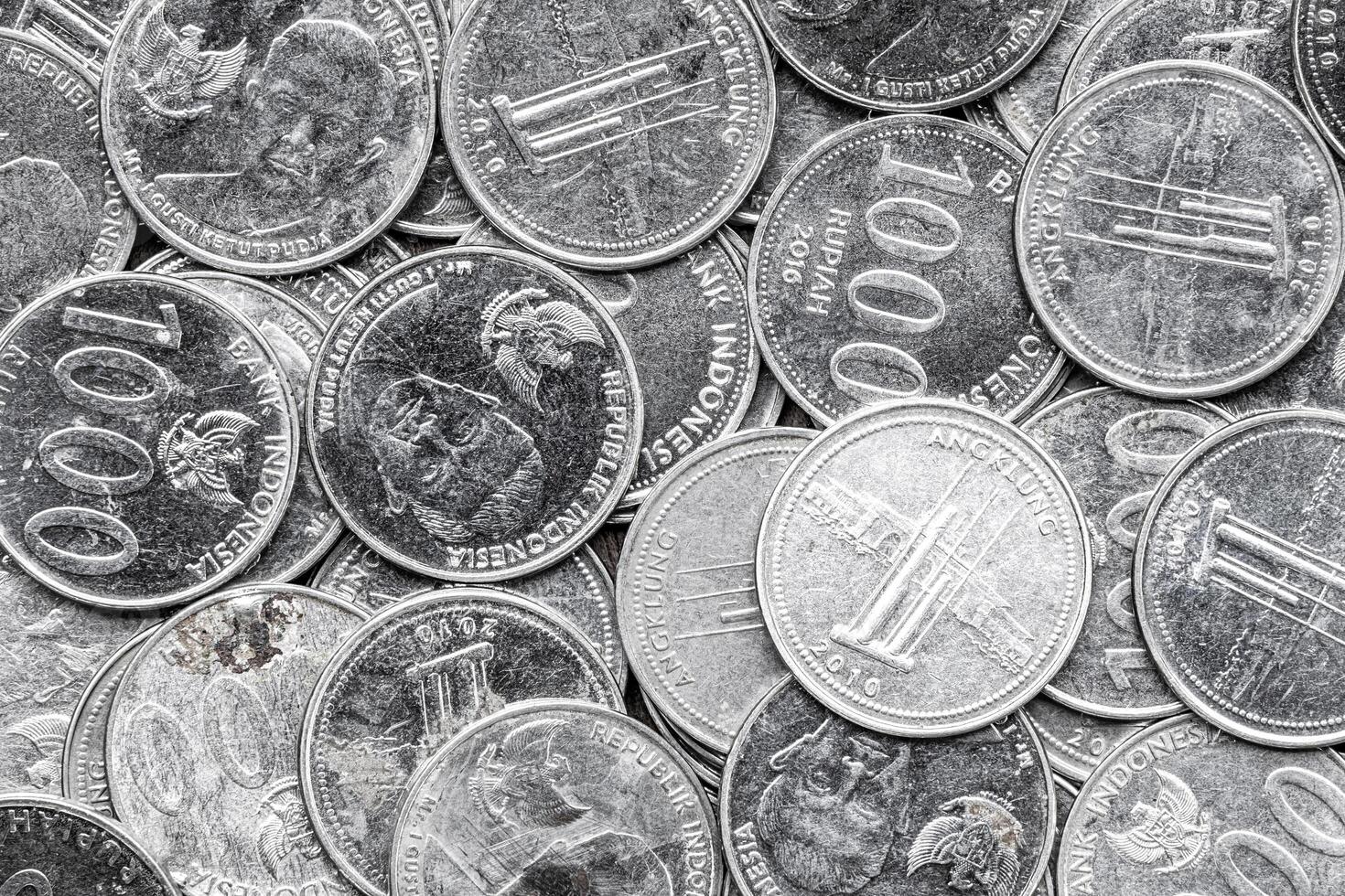 Indonesian Rupiah Coins Close-Up. Pile of Indonesian 1000 Rupiah Coins. Stack of penny coins photo