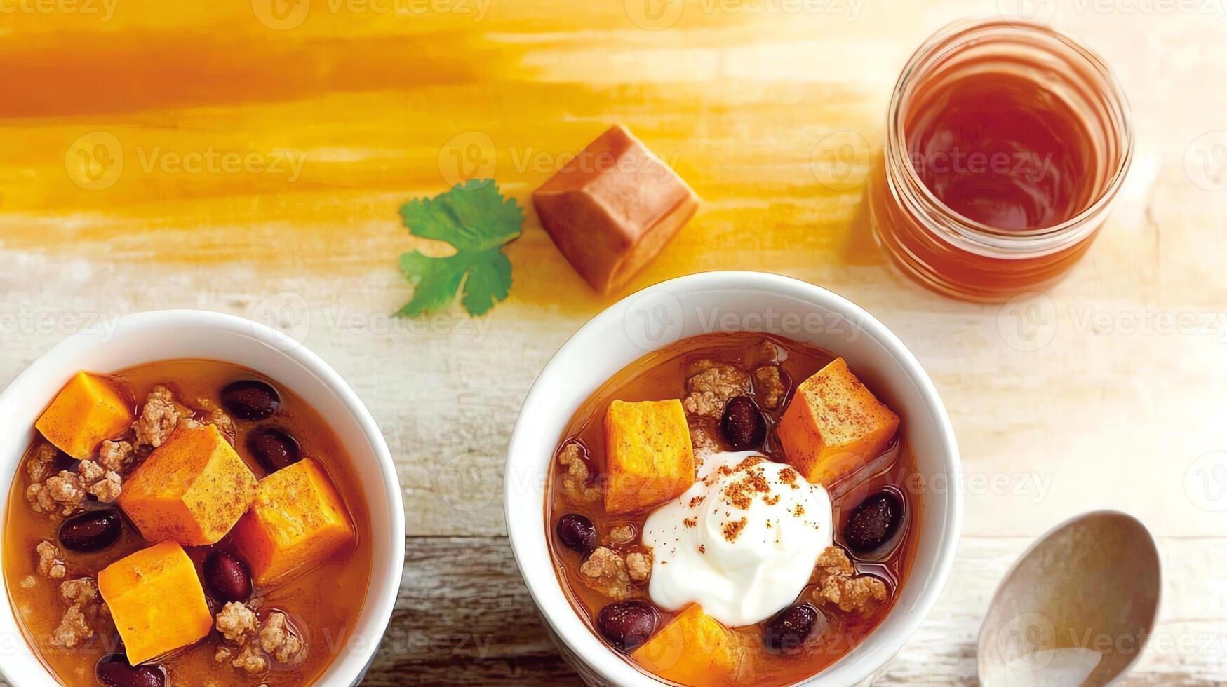 A hearty bowl of sweet potato and black bean soup topped with yogurt and spices. photo