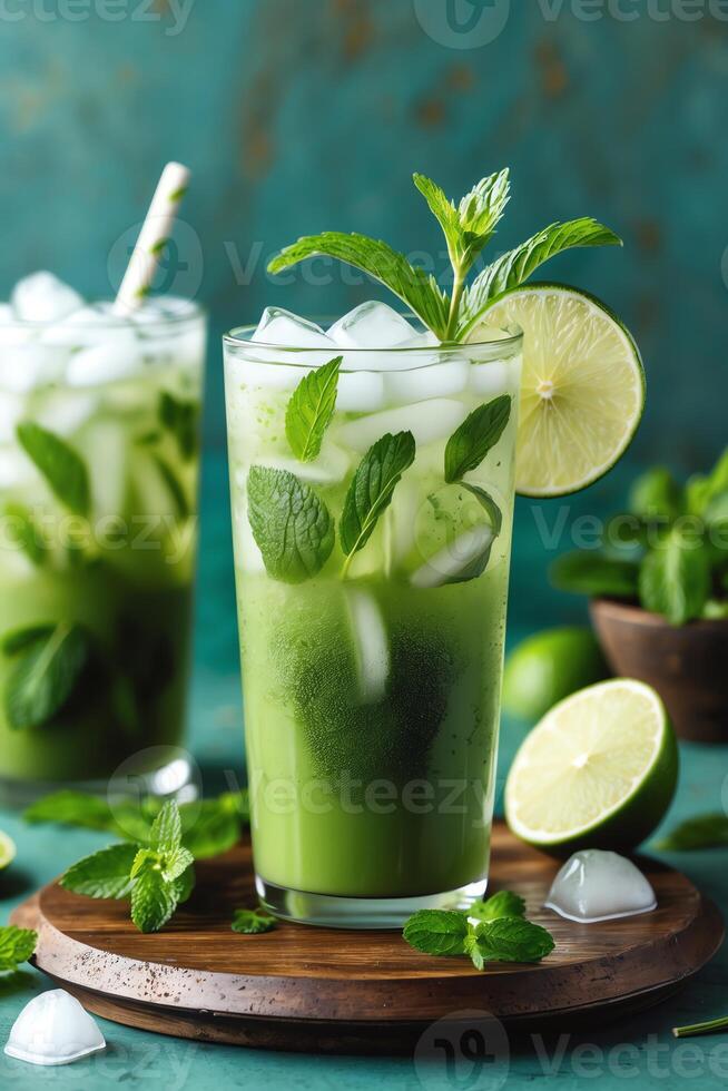 Refreshing green beverage with mint and lime, served over ice. photo