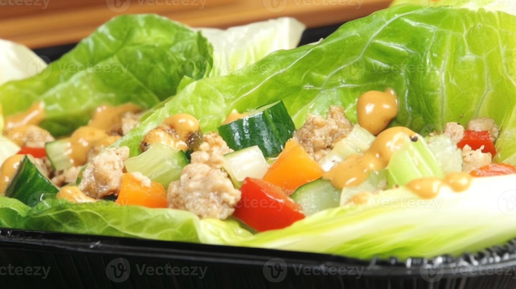 Fresh lettuce wraps filled with vegetables and a drizzle of sauce. photo