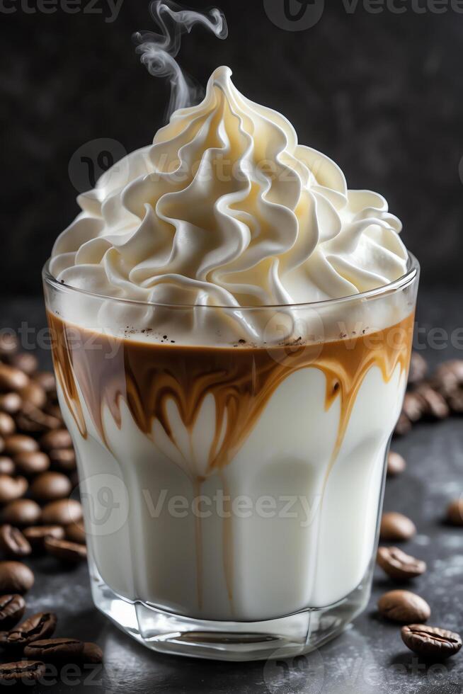 A creamy coffee drink topped with whipped cream and steam, surrounded by coffee beans. photo