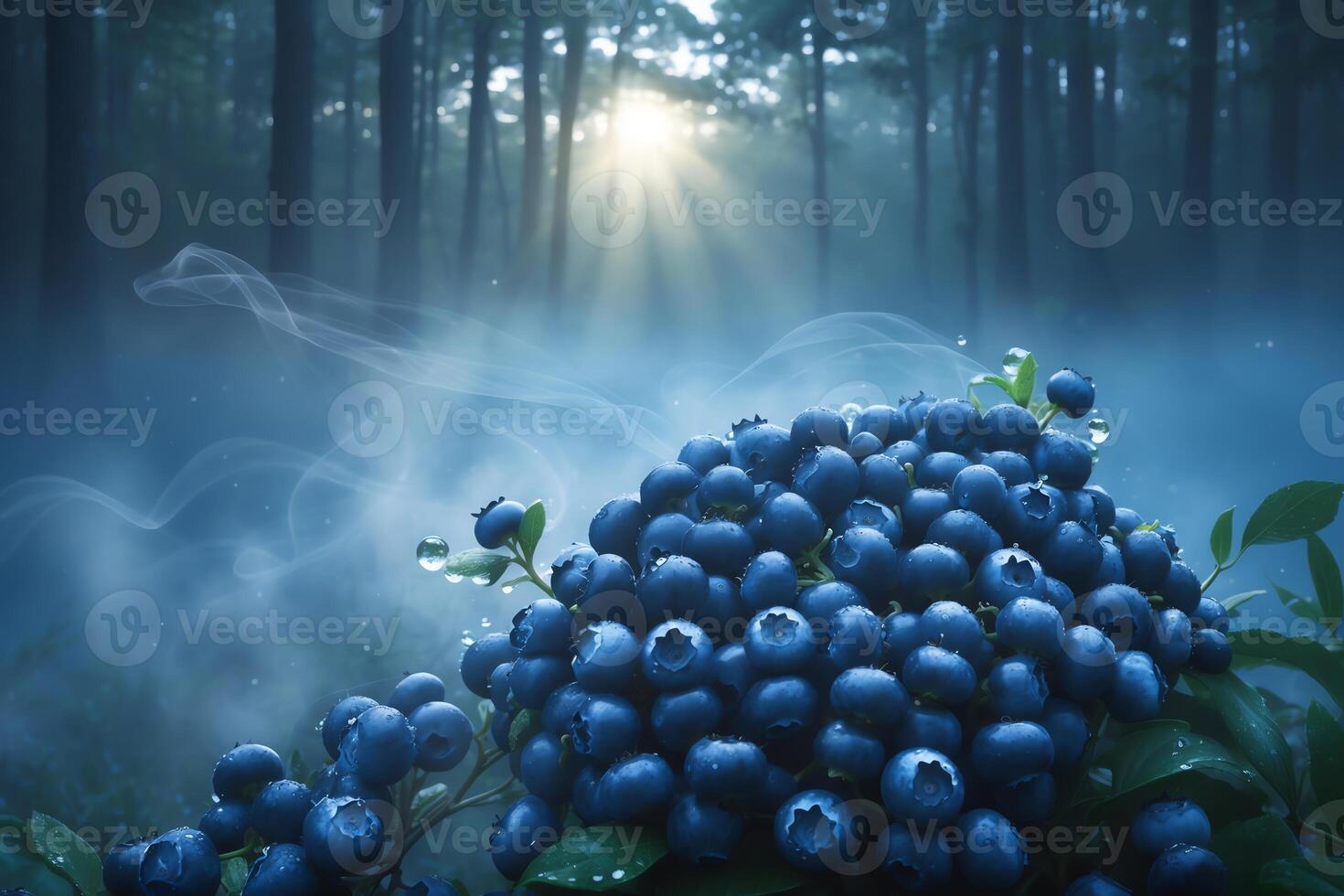 Fresh Blueberries in Misty Forest Setting with Sunlight Shining Through Trees photo