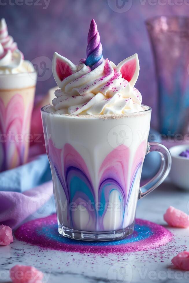 A whimsical unicorn-themed drink with colorful swirls, topped with whipped cream and decorations. photo