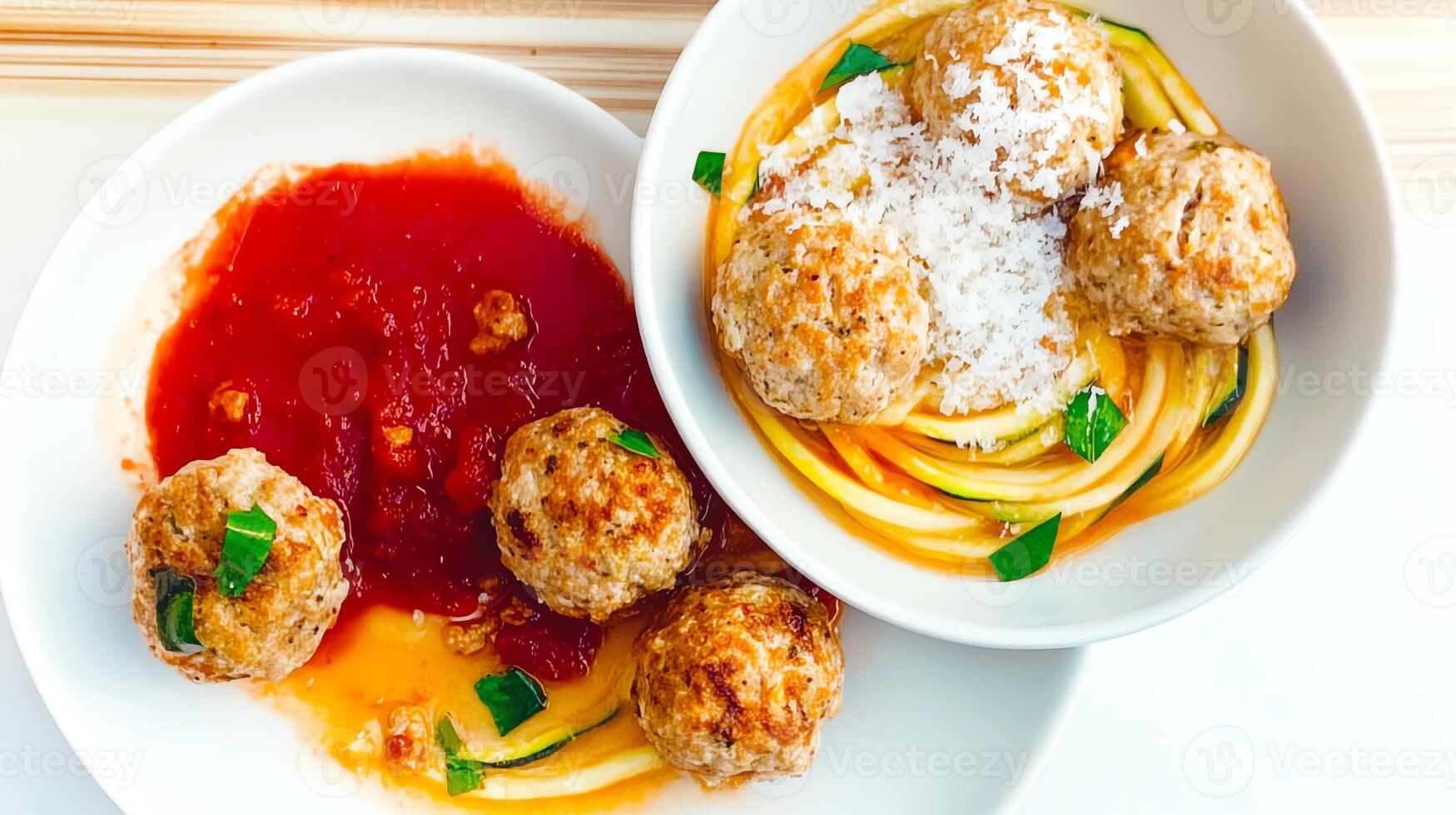 A bowl of meatballs served with tomato sauce and zucchini noodles. photo