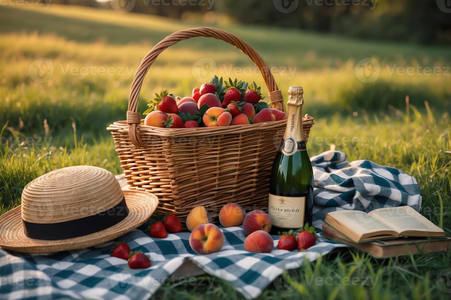 Picnic Basket with Fruits and Champagne in a Summer Meadow photo
