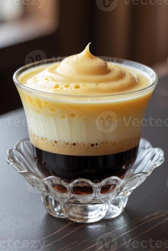 A layered coffee drink with cream topping in a glass cup. photo