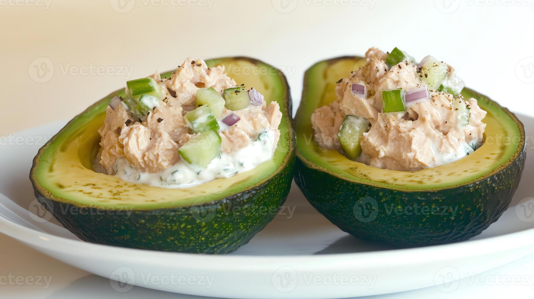Halved avocados filled with tuna salad and garnished with vegetables. photo