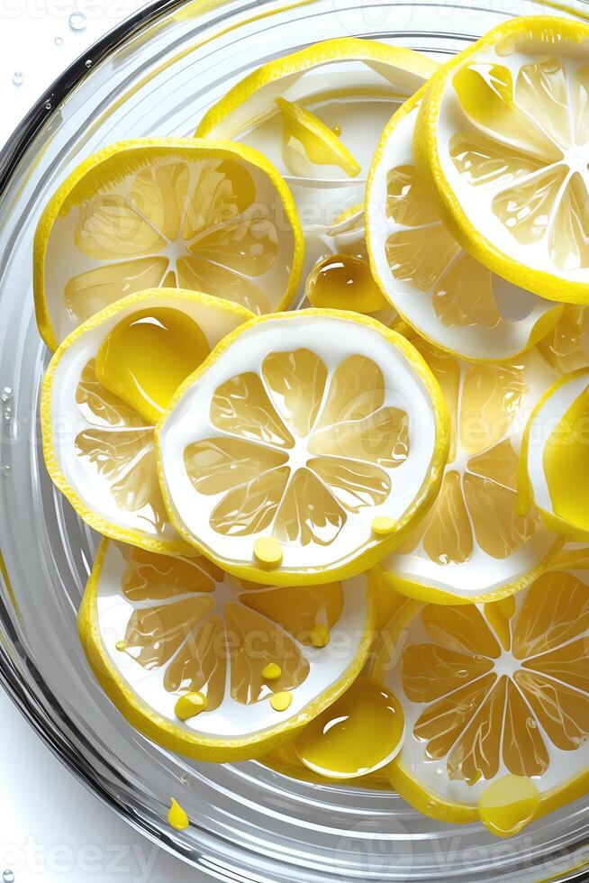 A close-up of fresh lemon slices in water, showcasing their vibrant color and texture. photo