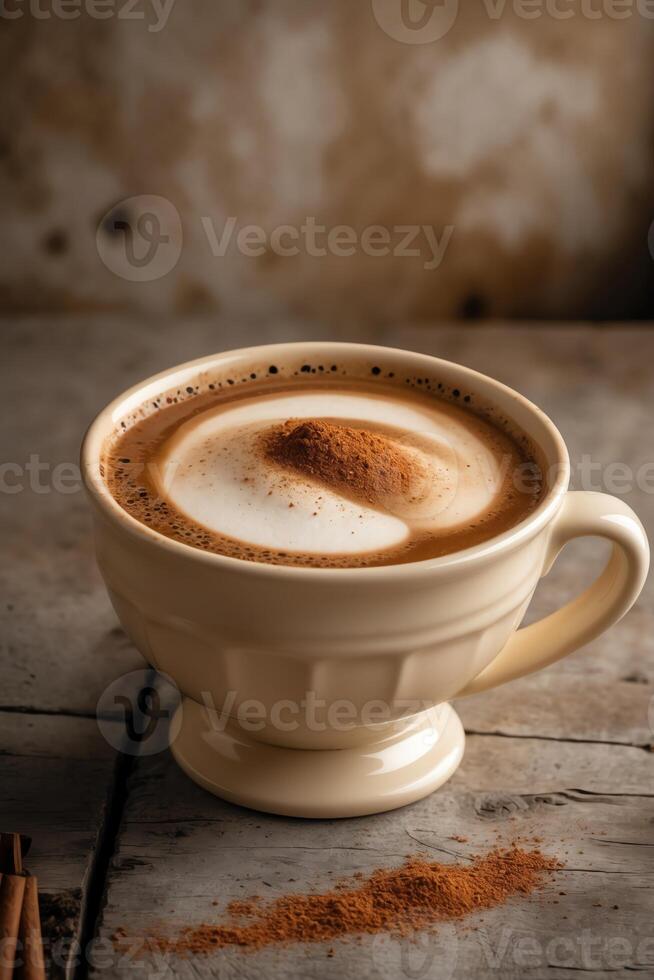 A creamy coffee topped with cinnamon, served in a decorative cup on a rustic surface. photo