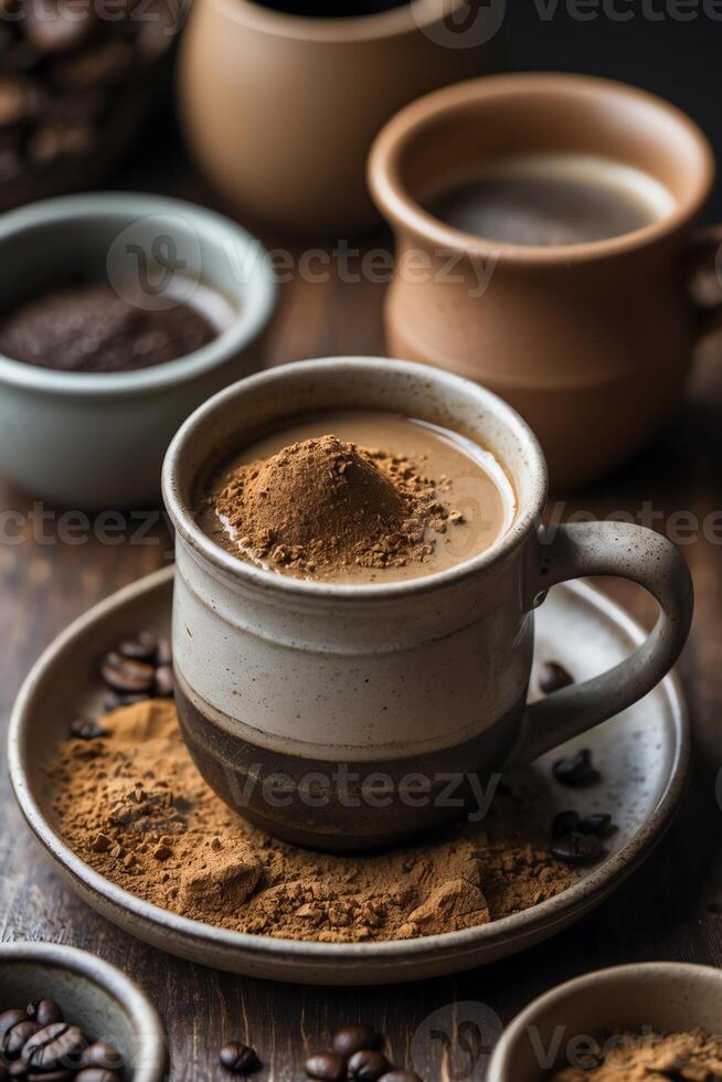 A warm cup of coffee surrounded by various coffee elements and earthy tones. photo