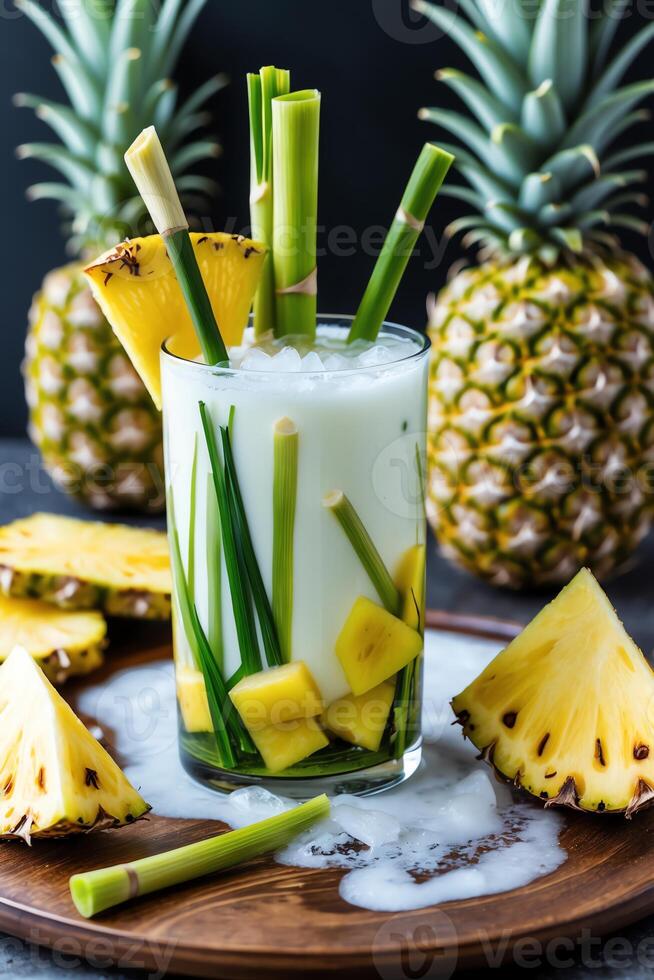 A refreshing tropical drink garnished with pineapple and green herbs. photo