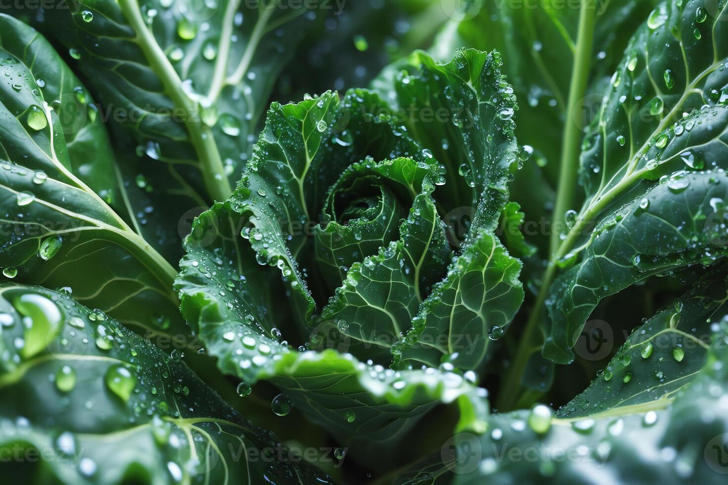Close-up of Fresh Green Cabbage with Water Droplets on Leaves photo