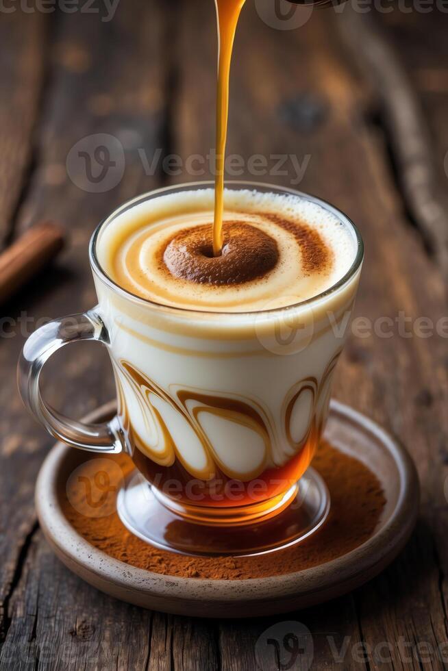 A layered coffee drink with cream and syrup, served in a glass cup on a wooden table. photo