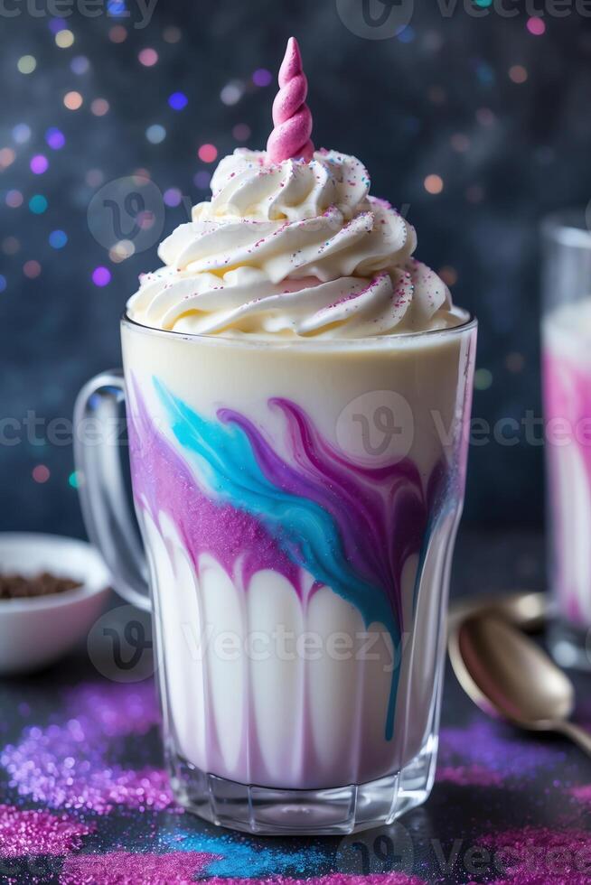 A colorful milkshake topped with whipped cream and a decorative swirl. photo