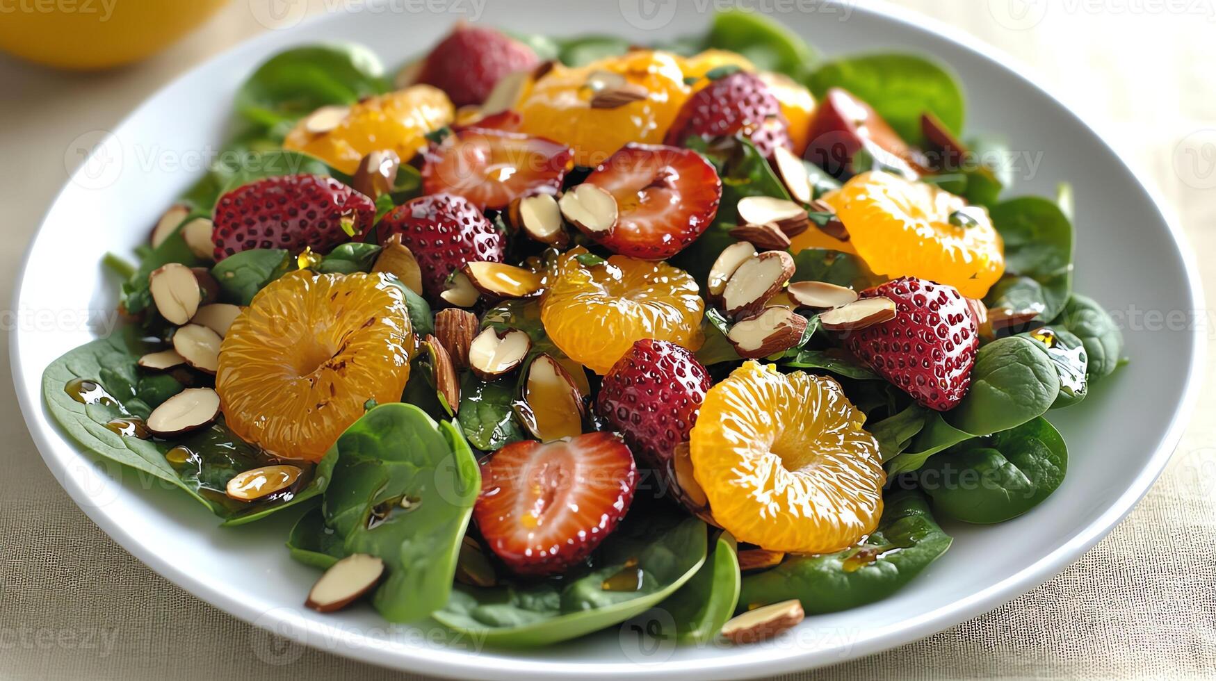 A vibrant salad featuring spinach, strawberries, mandarin oranges, and almonds. photo