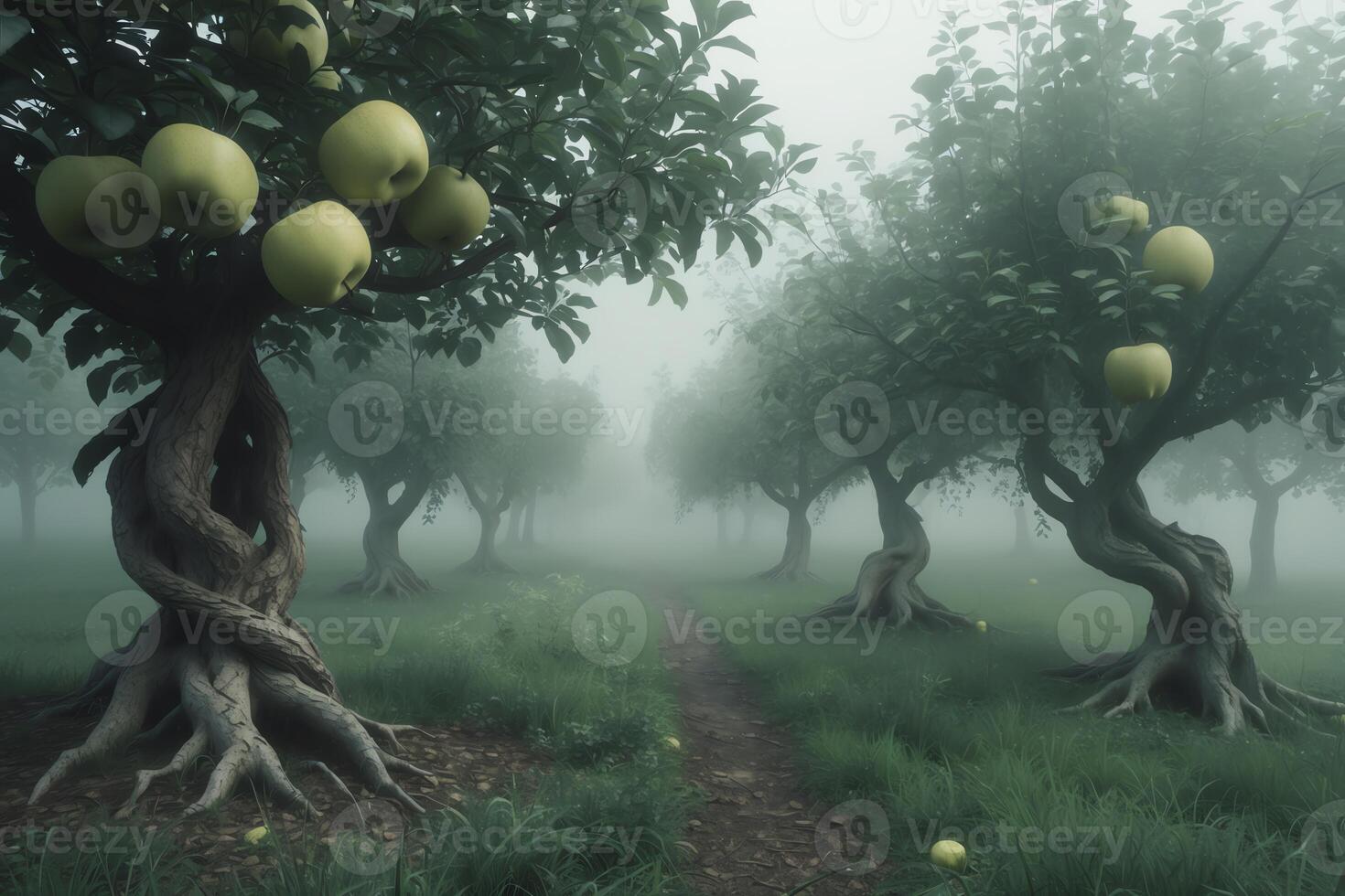 Walking Through Apple Orchard with Foggy Morning Light and Twisted Trees photo
