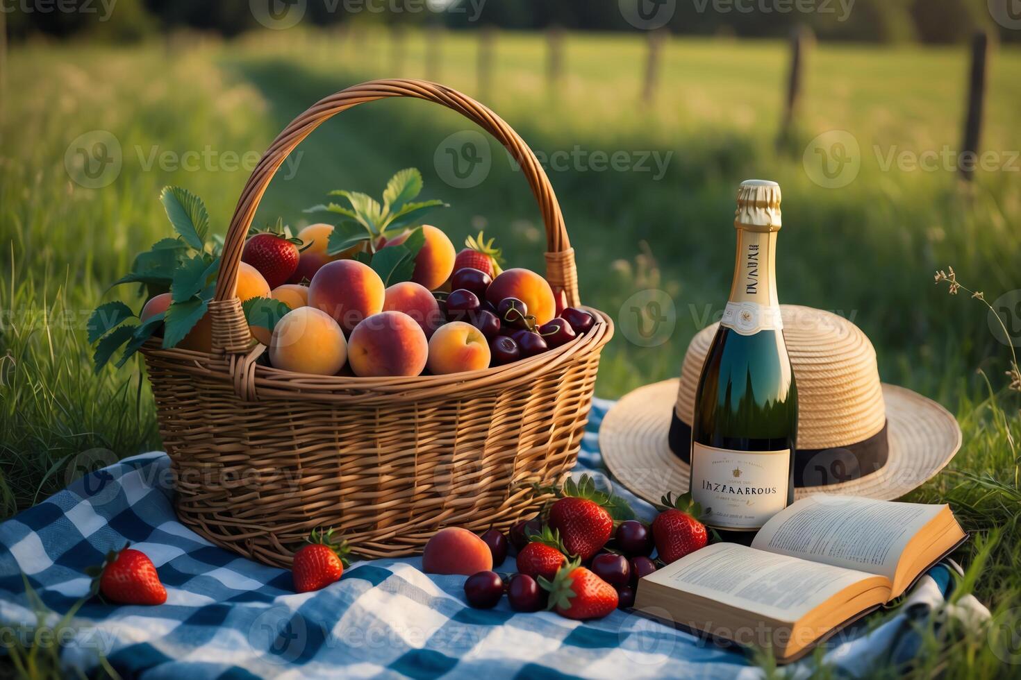 Picnic Basket with Fresh Fruit and Champagne in Summer Meadow photo