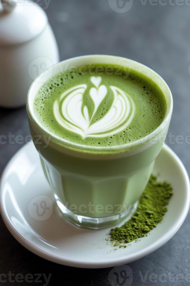 A beautifully crafted matcha latte with latte art, served in a clear glass on a white plate. photo