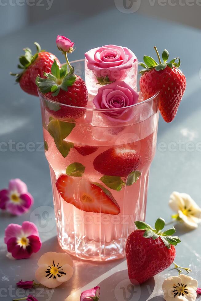 A refreshing pink drink adorned with strawberries and rose petals, perfect for summer gatherings. photo
