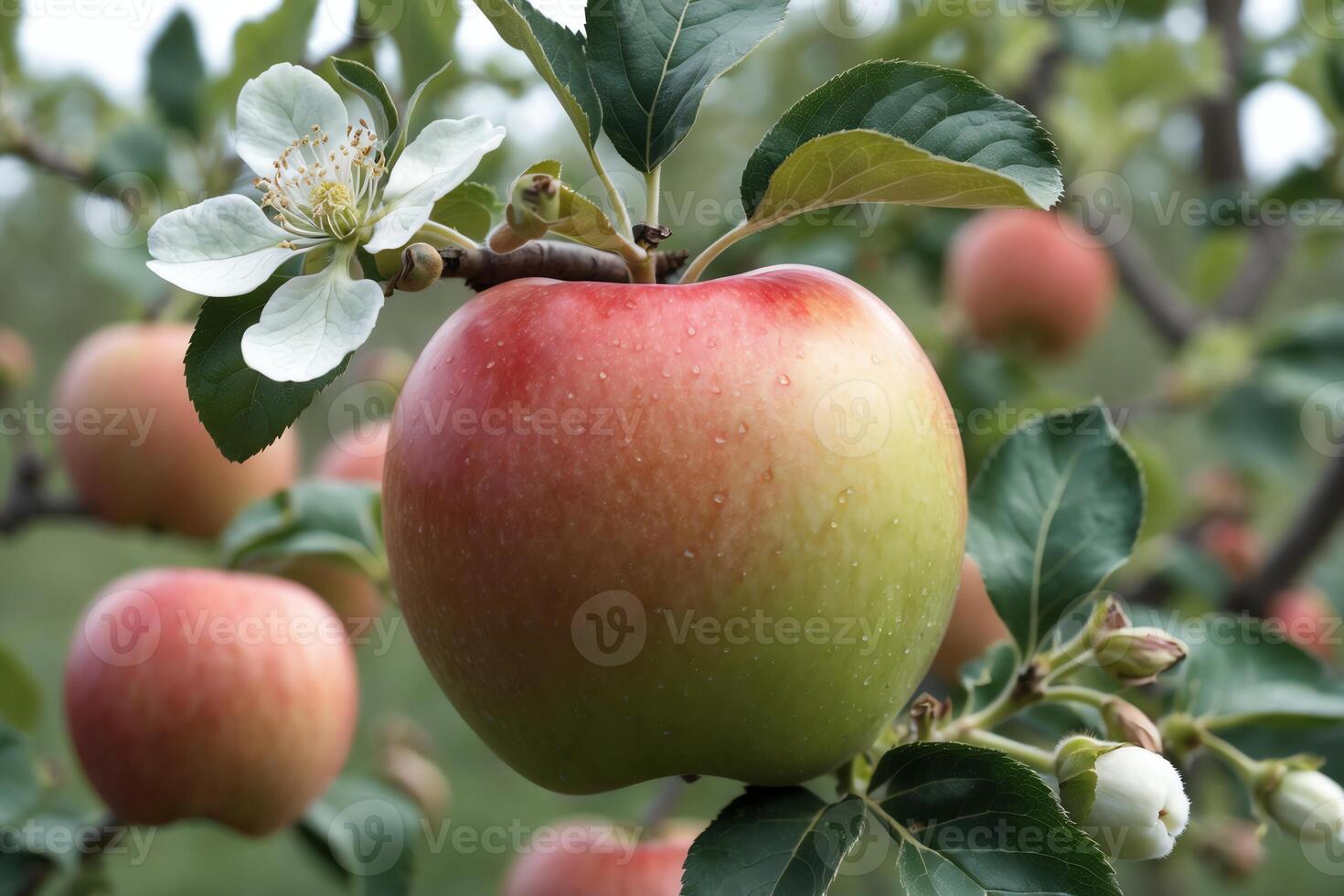 Ripe Apple Growing on Tree Branch with Blossom and Leaves photo
