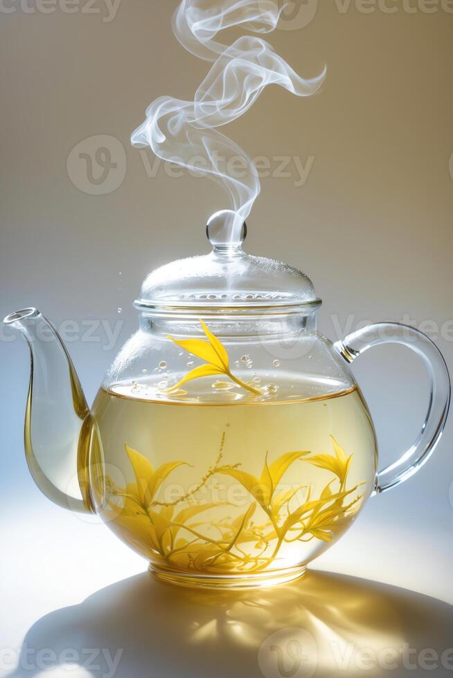 A glass teapot with steaming herbal tea and yellow leaves, showcasing a calming beverage moment. photo