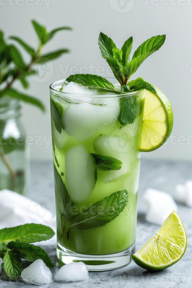 A refreshing green drink garnished with mint and lime, served over ice. photo