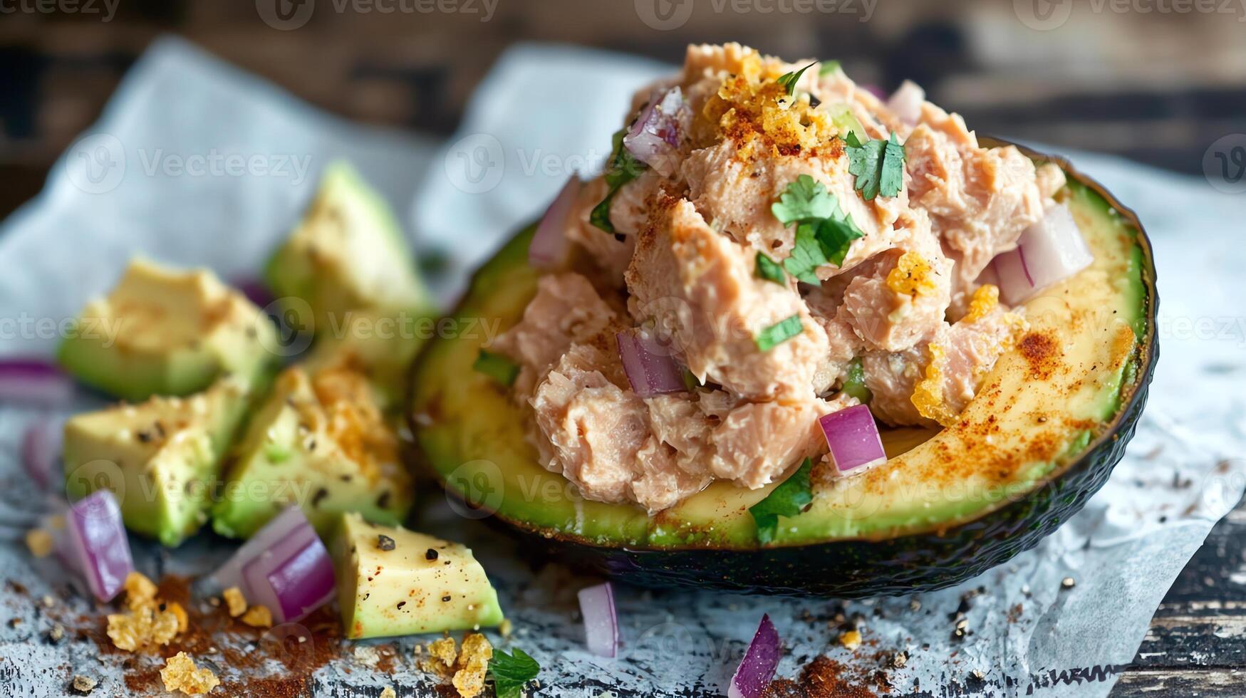 A halved avocado filled with tuna salad and garnished with herbs and onion. photo