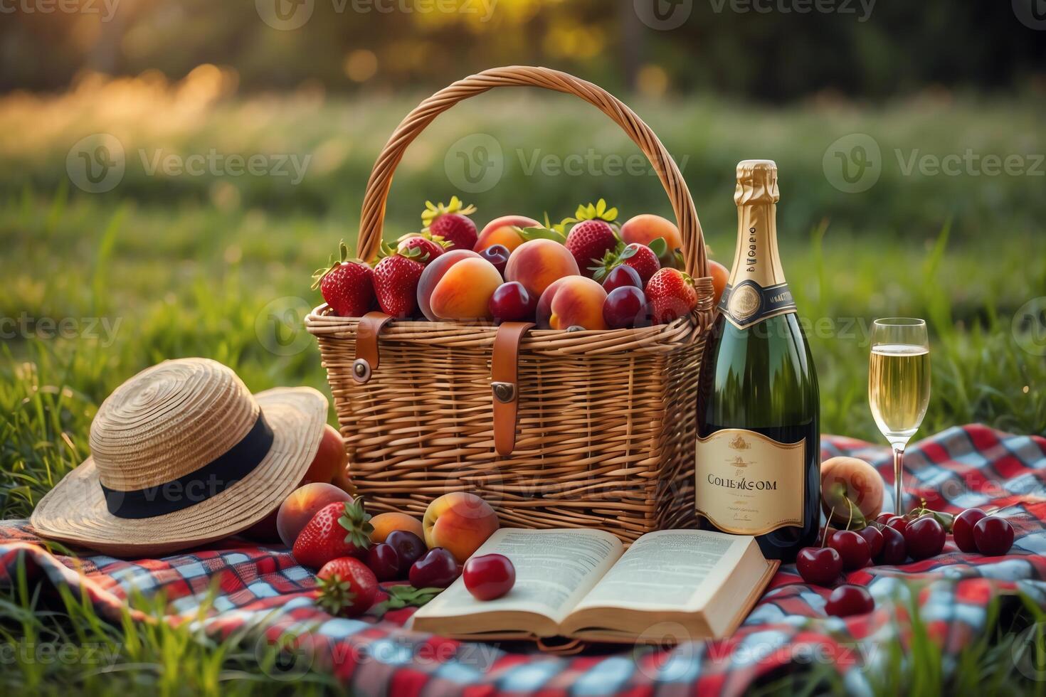 Picnic Basket with Fresh Fruit, Champagne and a Book in Nature photo