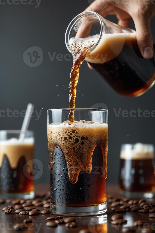 A hand pours dark liquid into a glass, creating froth, surrounded by coffee beans. photo