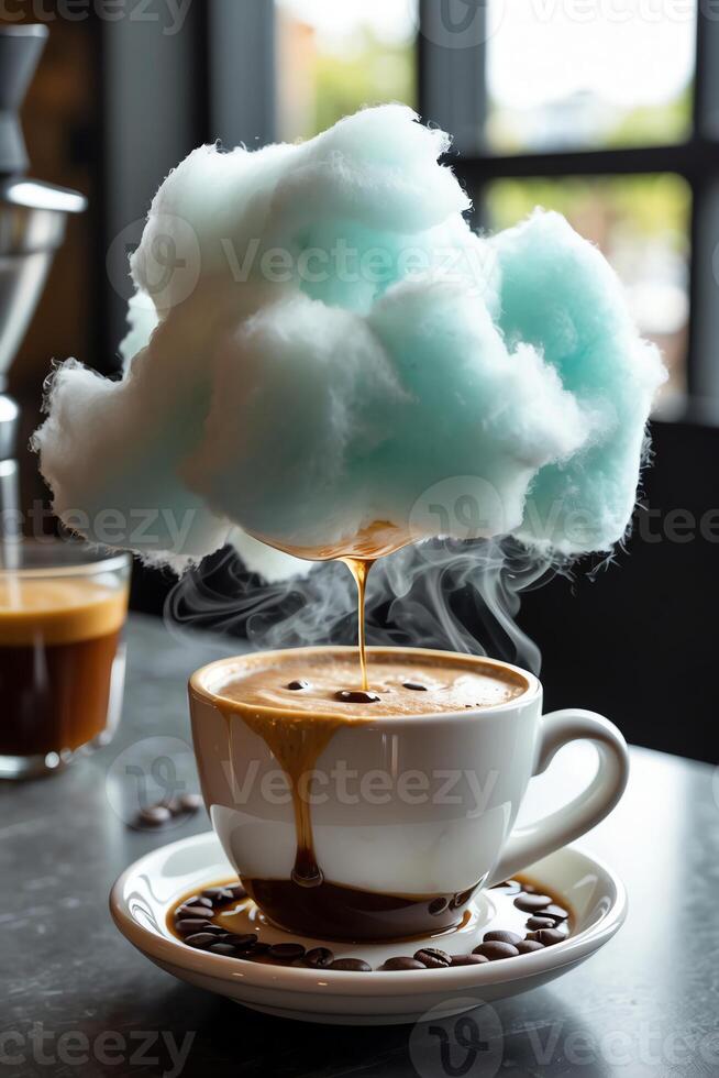 A whimsical coffee scene featuring a cup with cotton candy resembling a cloud above it. photo