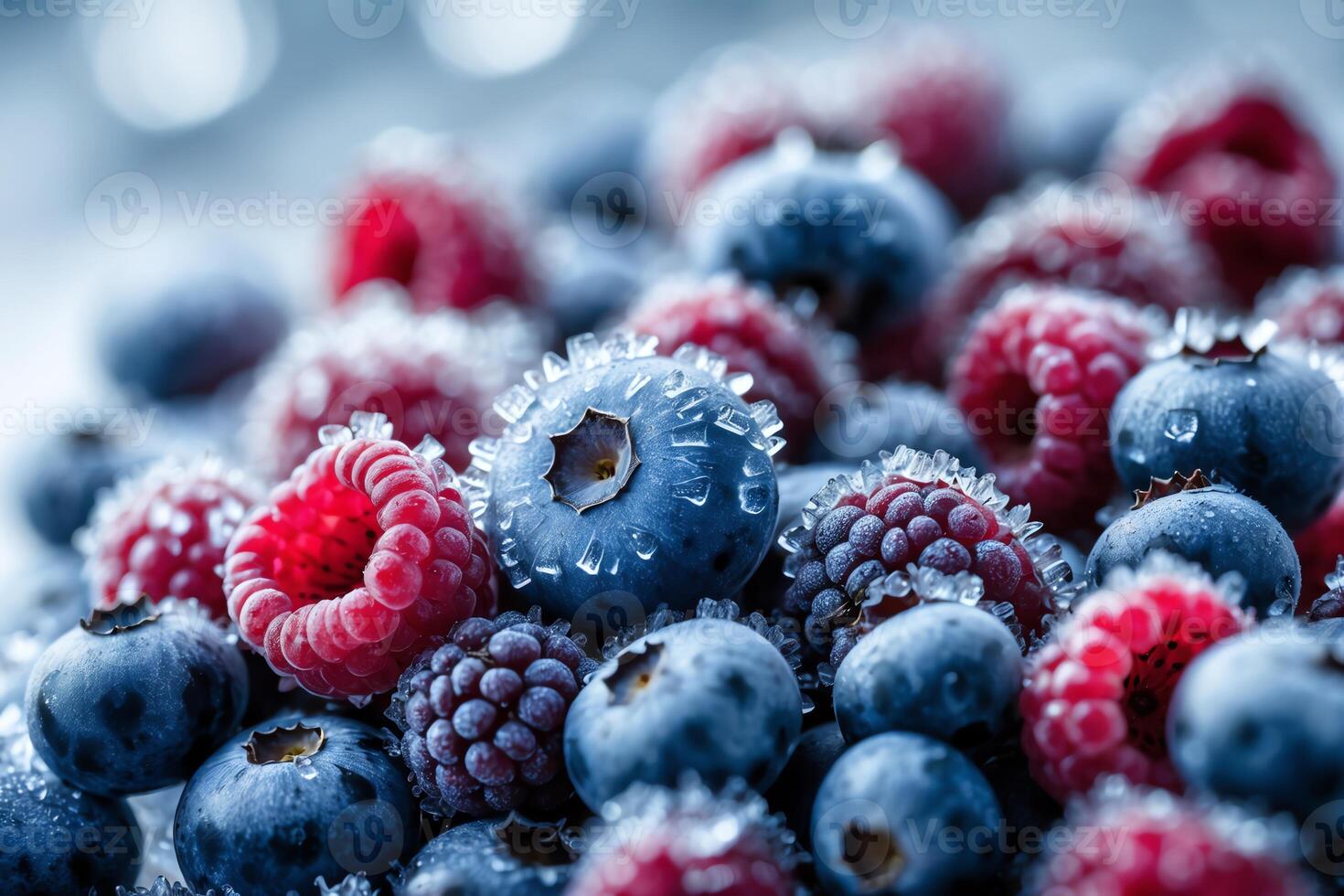 Fresh Frozen Berries Close-up Featuring Blueberries and Raspberries photo
