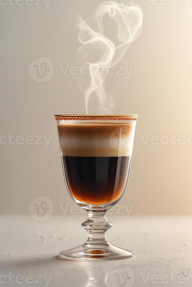 A glass of coffee with layered cream and steam rising, showcasing a warm beverage. photo
