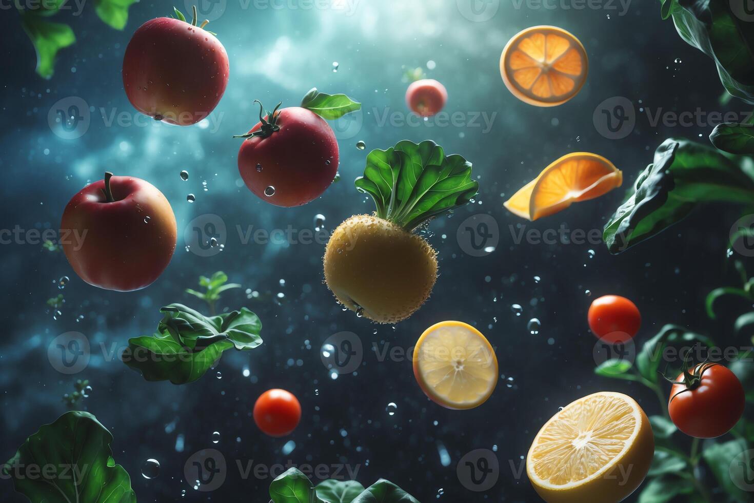 Fresh Fruits and Vegetables Floating in Water Still Life Composition photo