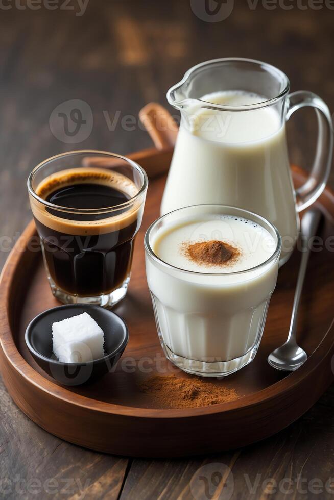 A wooden tray with coffee, milk, yogurt, sugar, and a spoon, suggesting a cozy beverage experience. photo