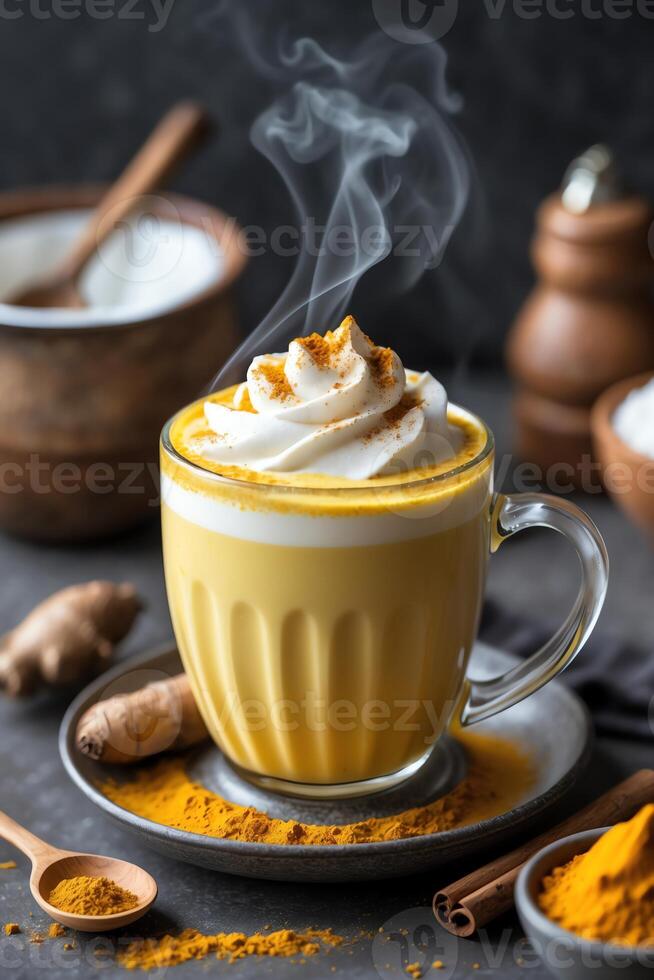 A steaming cup of golden turmeric latte topped with whipped cream and spices. photo