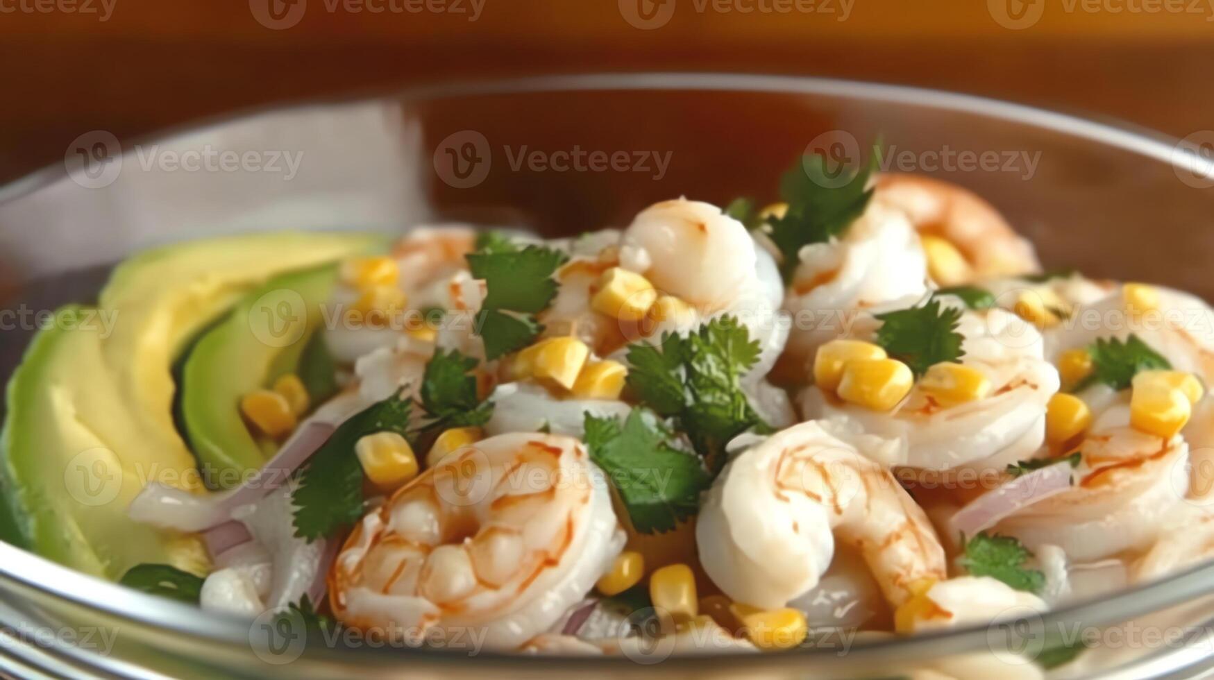 A vibrant shrimp salad with avocado, cilantro, and corn in a glass bowl. photo