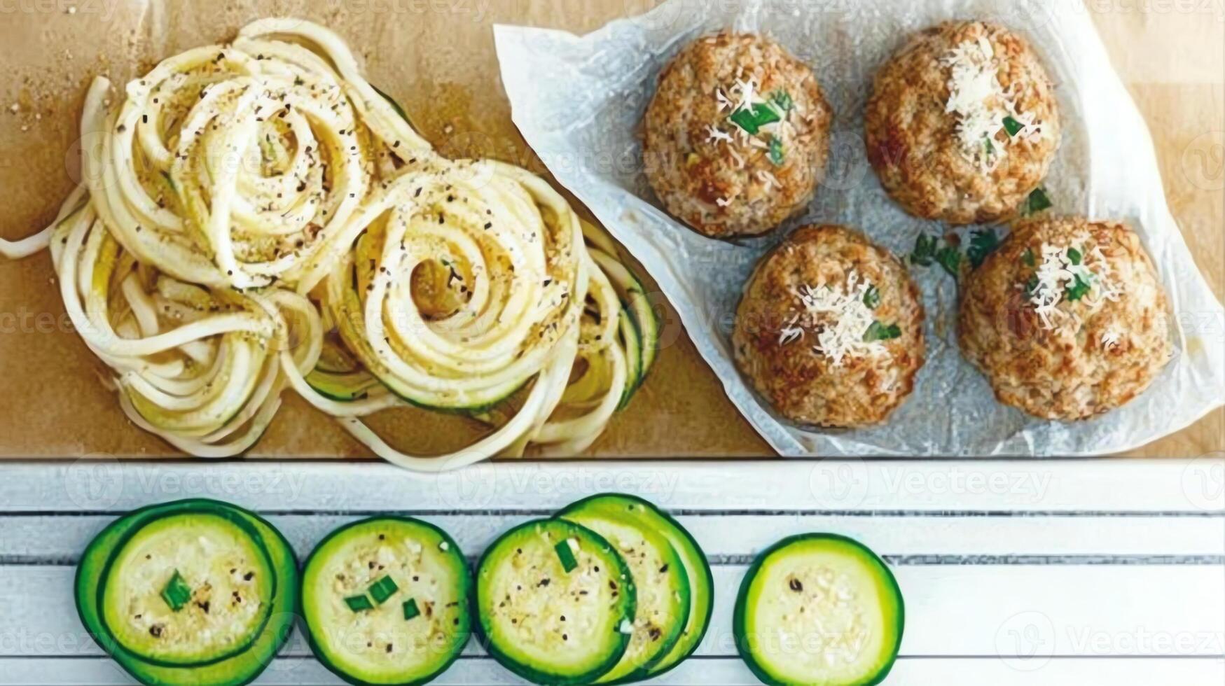 A plate featuring spiralized zucchini and meatballs, garnished with herbs and cheese. photo