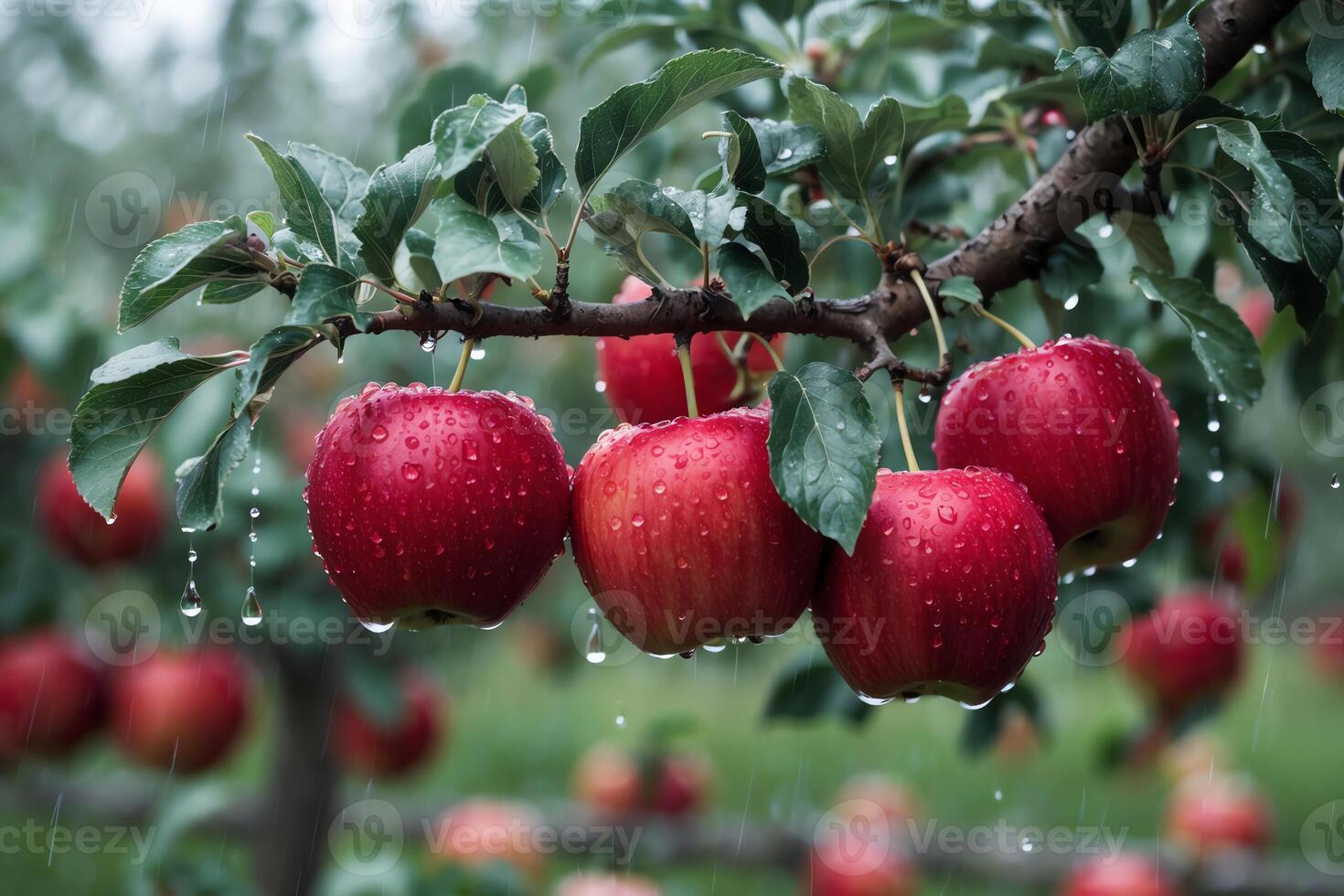 Red Apples on Branch with Raindrops in Orchard Wet Season photo