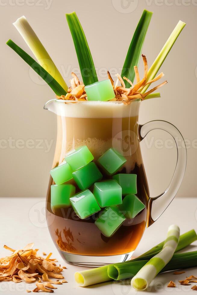 A refreshing beverage in a pitcher, featuring green jelly cubes and garnished with herbs. photo