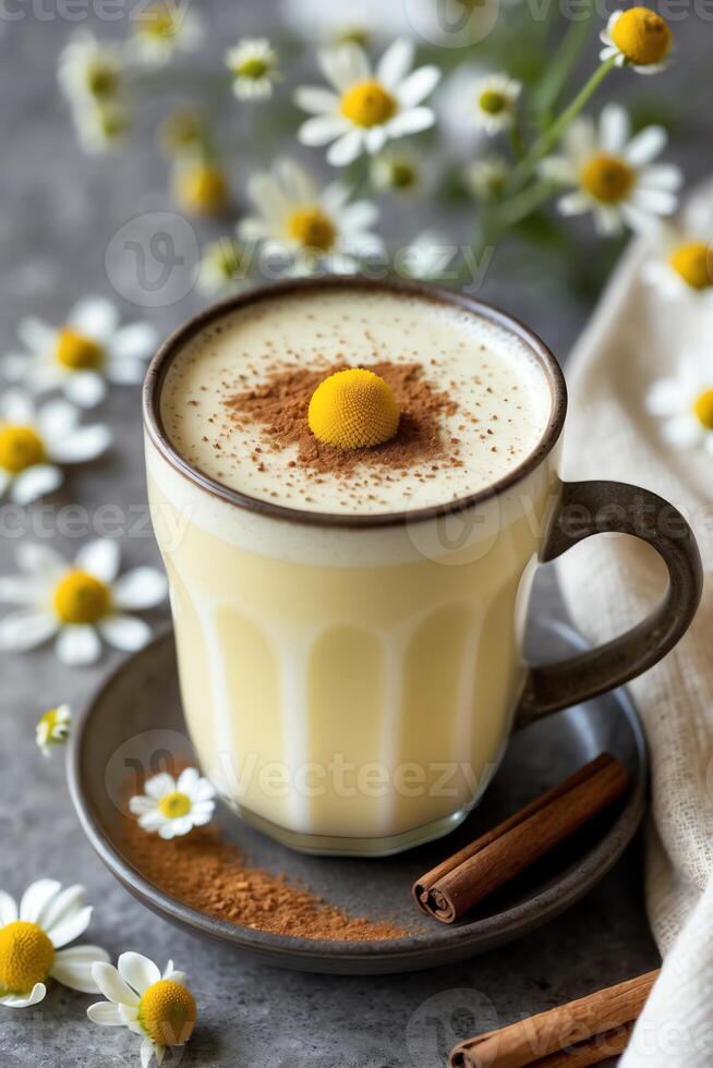 A creamy beverage topped with a sprinkle of cinnamon and a flower, surrounded by daisies. photo
