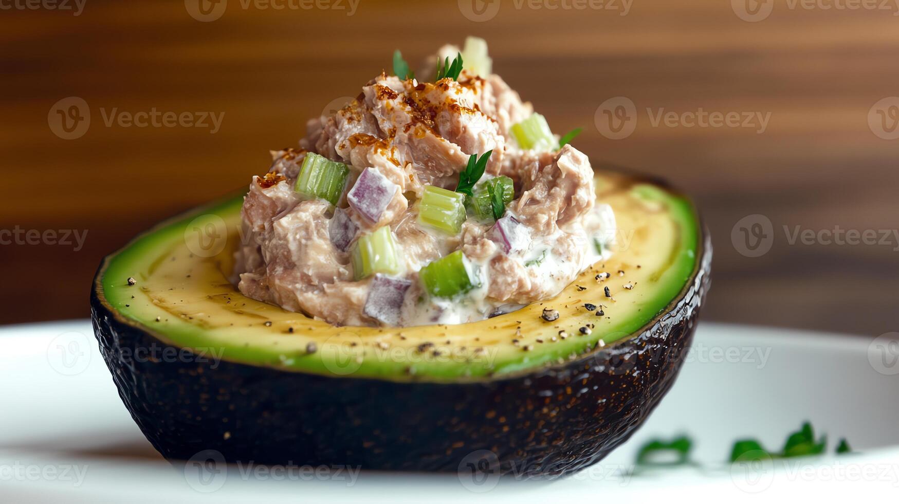 A halved avocado filled with a creamy tuna salad, garnished with celery and spices. photo