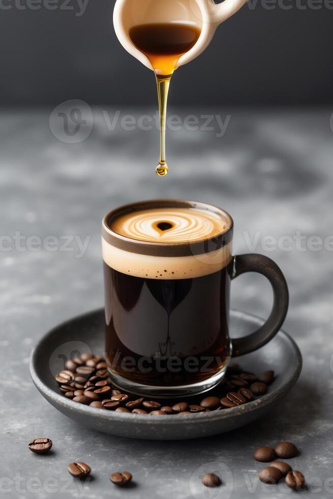 A cup of coffee with a heart-shaped latte art, surrounded by coffee beans. photo