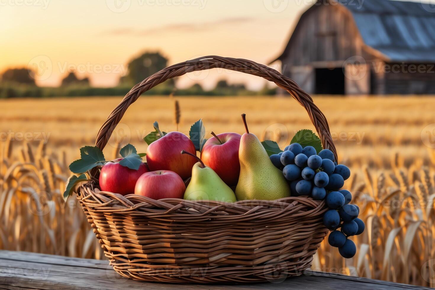 Harvest Basket with Fresh Fruit in a Wheat Field at Sunset photo