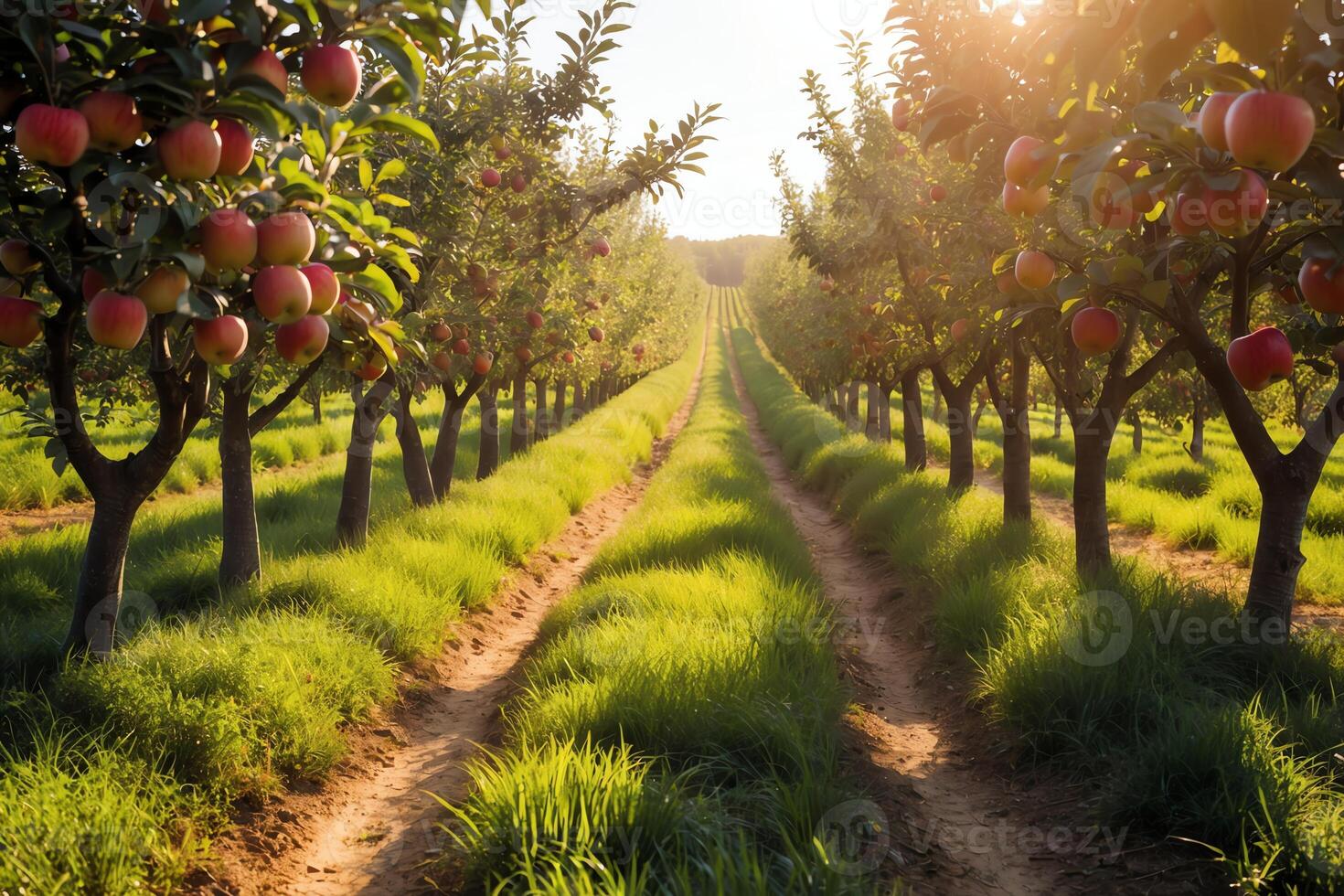 Apple Orchard Path at Sunset with Trees Laden with Ripe Fruit photo